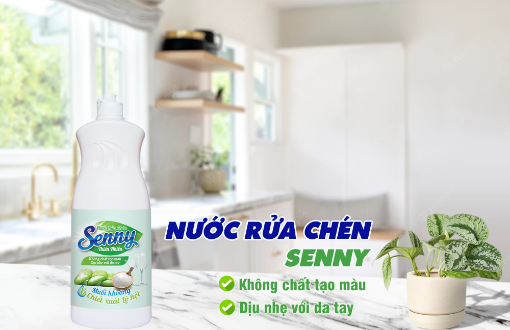 Nước rửa bát Senny muối khoáng, lô hội an toàn, chăm sóc cả gia đình