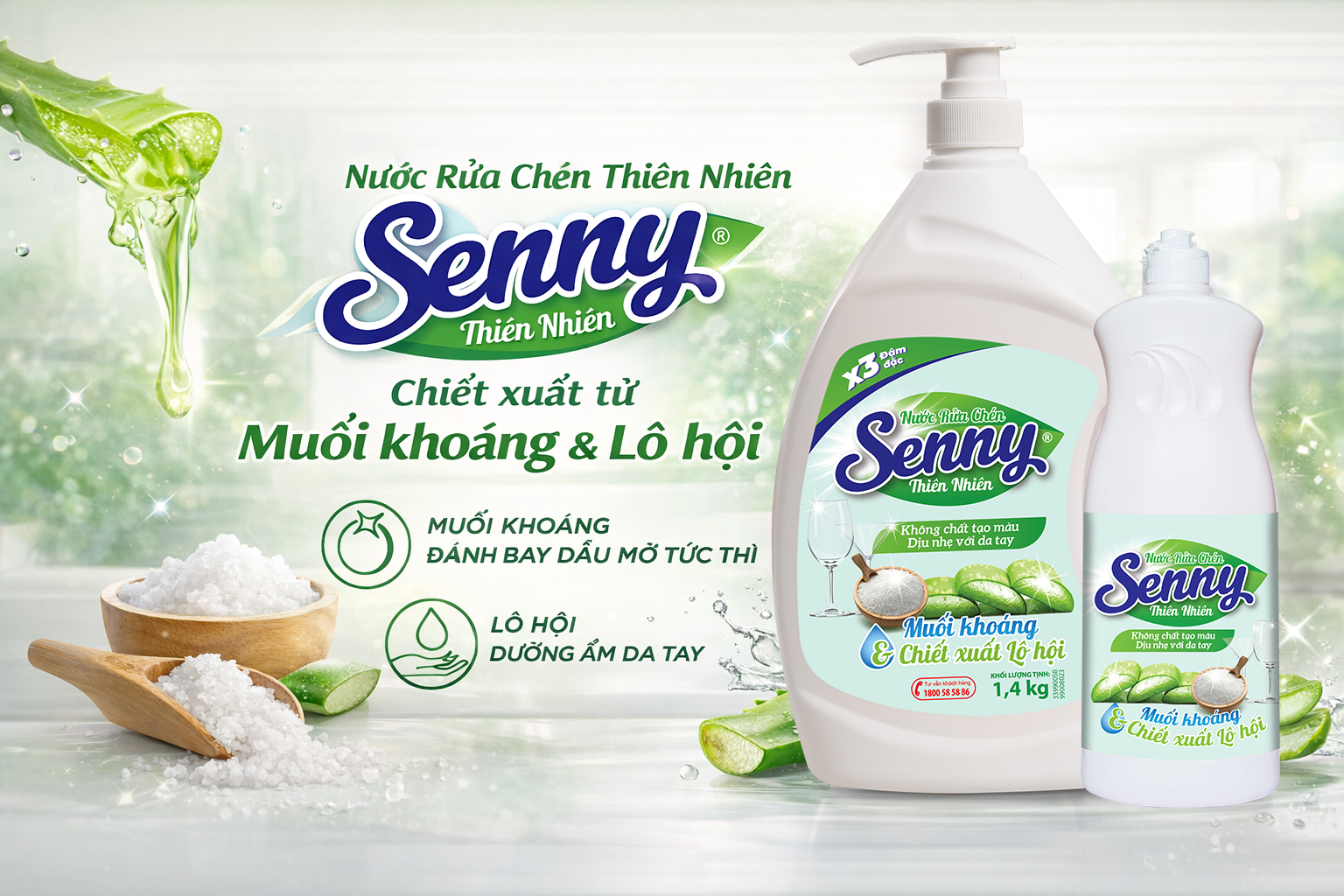Senny Lô Hội & Muối Khoáng   – Rửa Chén Sạch Tinh Tươm, Da Tay Vẫn Mềm Mịn
